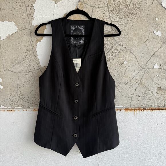 90s Guess Black Pinstripe Button Suit Vest Moto Grunge Goth Size Large NWT - Picture 1 of 8